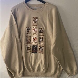 One Piece‎ Wanted Poster Crew Ripple Junction Tan Crewneck Sweater 3XL oversized